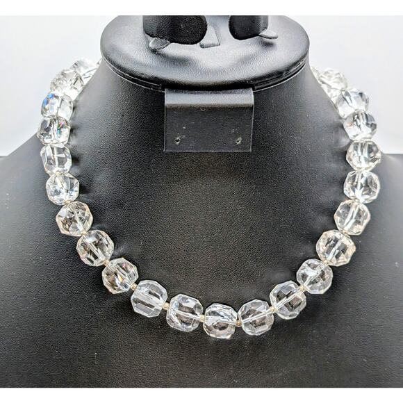 Vtg 925 Sterling Chunky Faceted Cut Rock Crystal Quartz Toggle Clasp Necklace - Picture 11 of 11